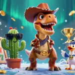 Master playing link slot gacor amidst dynamic casino elements featuring T-Rex and friends.