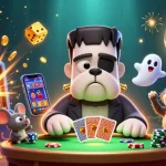 Experience the excitement of free credit 365 as a Frankenstein bulldog deals cards amidst a jackpot explosion.