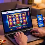 Interactive gaming scene featuring a player exploring new UK casino sites on a laptop with vibrant slot graphics and bonuses.
