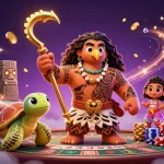 Baccarat game scene featuring a Polynesian demigod and a turtle, vibrant casino elements and rich visuals.