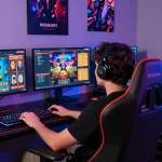 Mahajitu online gaming scene featuring an engaged player with dual monitors, showcasing popular games in a vibrant atmosphere.