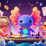 Totoid88 showcases an exhilarating underwater casino scene with an axolotl DJ spinning slots and a vibrant party.