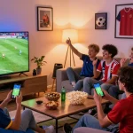 Watch kora live soccer match with friends in a lively living room setup.
