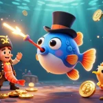 Nohu90 showcases a 3D anglerfish attracting golden coins, pirate shrimp, and treasure snail in a captivating underwater casino scene.