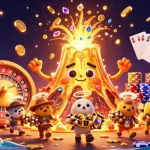 Experience the excitement of wop slot with a golden volcano erupting treasure and vibrant casino elements.