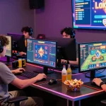 Exciting LOKET88 slot gaming atmosphere with competitive players enjoying their favorite games and celebrating real-time wins.