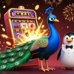 Experience the thrill of deposit 5000 slots with this vibrant 3D casino scene featuring a peacock and jackpot symbols.