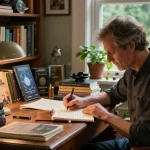 Writer T Allen Greenfield's workspace showcasing spirituality literature and UFO studies, sourced from https://tallengreenfield.com.