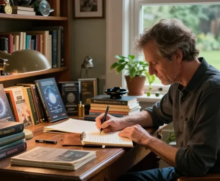 Writer T Allen Greenfield's workspace showcasing spirituality literature and UFO studies, sourced from https://tallengreenfield.com.
