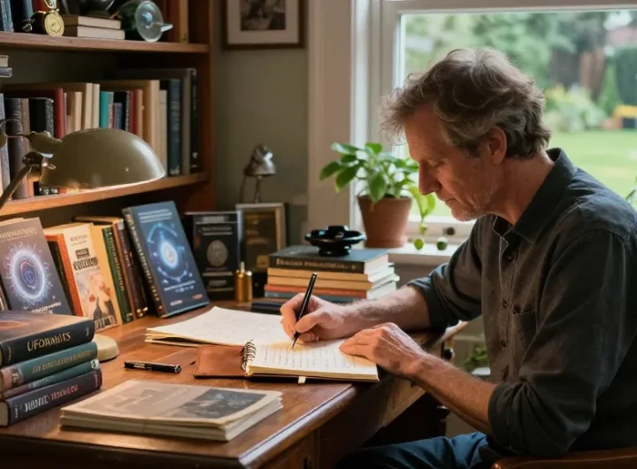 Writer T Allen Greenfield's workspace showcasing spirituality literature and UFO studies, sourced from https://tallengreenfield.com.