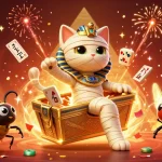 Experience excitement with sapceman slot as a mummy cat bursts from a casino sarcophagus surrounded by vibrant elements.