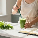 Creación de contenido de marketing con aceite CBD orgánico y elementos naturales de bienestar en cocina luminosa.