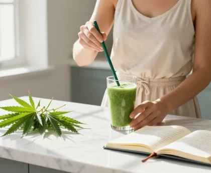 Creación de contenido de marketing con aceite CBD orgánico y elementos naturales de bienestar en cocina luminosa.