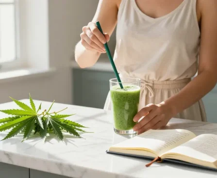 Creación de contenido de marketing con aceite CBD orgánico y elementos naturales de bienestar en cocina luminosa.
