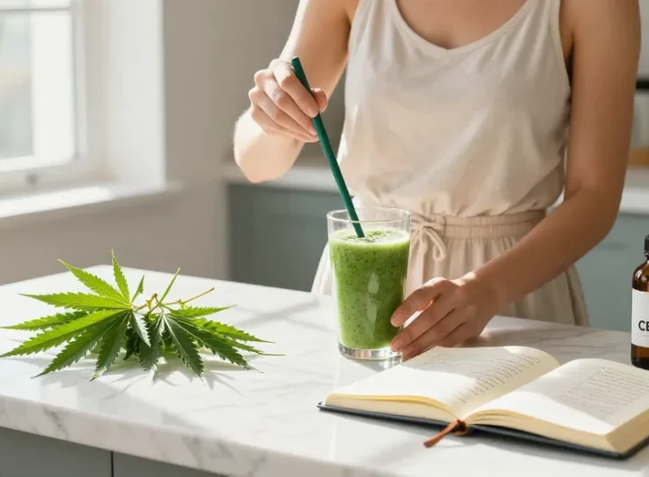 Creación de contenido de marketing con aceite CBD orgánico y elementos naturales de bienestar en cocina luminosa.
