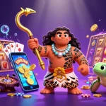Situs gacor engaging players with vibrant 3D scene of a demigod hawk, slot game elements, and tiki magic.